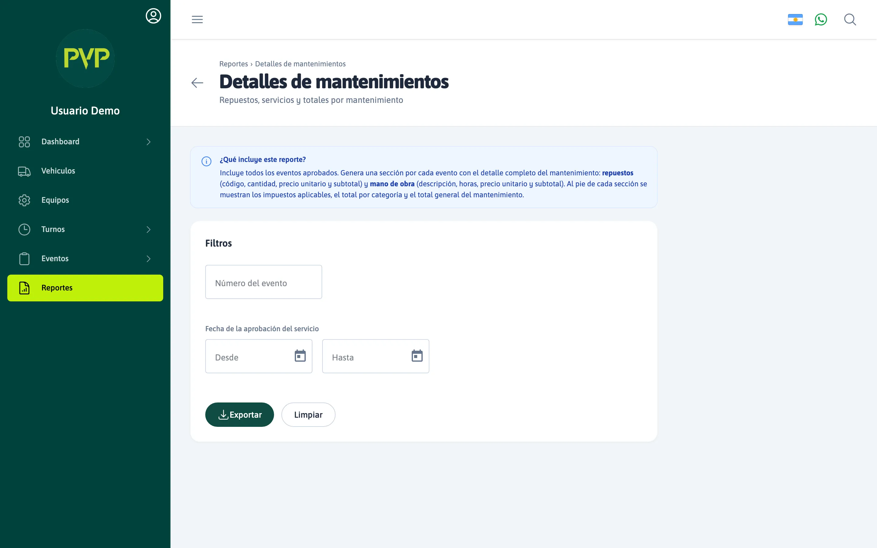 Reporte — Detalles de mantenimientos