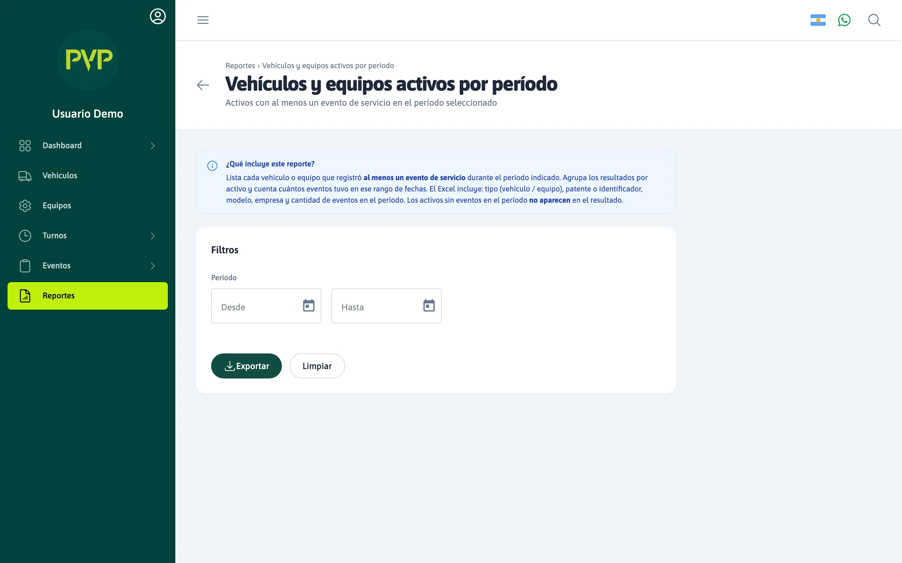 Reporte — Vehículos y equipos activos por período